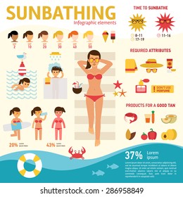 The girl sunbathes on the beach and tanning summer, wholesome food at sunburn, infographics elements. Woman resting on the sea vector flat design stock illustration