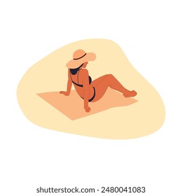 A girl sunbathes on a summer beach. A woman in a hat sits on a towel, relaxing on vacation at the sea. Flat vector illustration on white background.