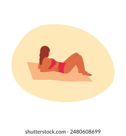 A girl sunbathes on a summer beach. A woman sits on a towel and relaxes by the sea. Flat vector illustration.