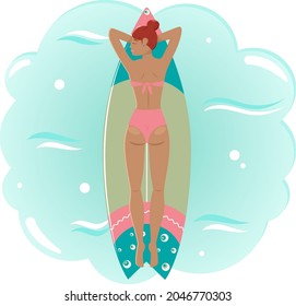 The girl sunbathes on the surf. Vector illustration.