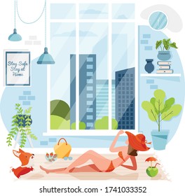 Girl sunbathing from big window inside apartment living room during summertime. Stay at home. Spend summer at home. Girl who enjoying Summer season indoor concept. Flat character illustration