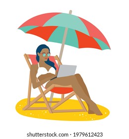 A girl is sunbathing with a laptop on a beach chair. Vector, white background, isolated.