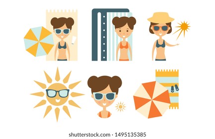 Girl Sunbathing on Beach and Caring about Her Skin Using Sunscreen, Umbrella and Sunglasses Vector Illustration