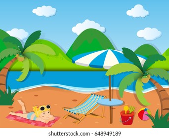 Girl sunbathing on the beach illustration