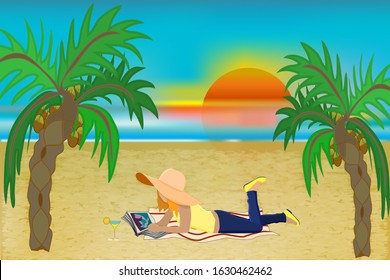 Girl sunbathing on a beach mat on the sea and reading a book. Young woman relaxing on a sand on a tropical beach with book, hat, drink glass. Girl reading on the beach lying on a towel. Vector
