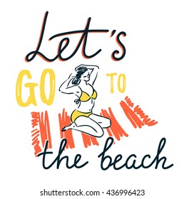 Girl sunbathing on a beach mat on the sea and comb the hair  - Summer vacation concept. Vector illustration with stylish lettering - Let's go to the beach.