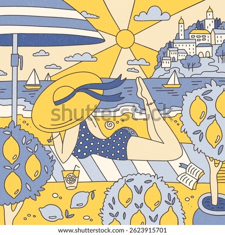 Girl sunbathing on the beach surrounded by lemon trees on the shore of the Mediterranean Sea in the style of trippy doodle. Vintage summer vibe. Flat hand drawn vector illustration.