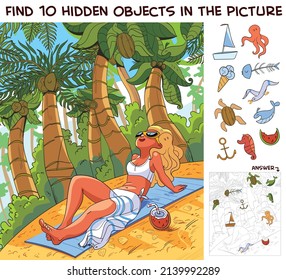 Girl sunbathing on the beach under palm trees. Find 10 hidden objects in the picture. Puzzle Hidden Items. Funny cartoon character. Vector illustration. Set