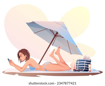 The girl is sunbathing on the beach under a beach umbrella. Summer sunny illustration, resting woman in a swimsuit. Summer time, rest, relaxation. Cartoon style.