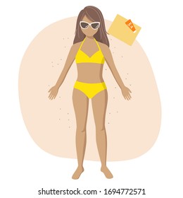 A Girl Is Sunbathing On The Beach. Vector Illustration.