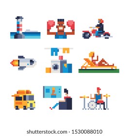 Girl sunbathing on a deck chair,  biker, boxer, lighthouse, drummer, laundry, food truck, pixel art set, isolated vector illustration, design for logo, sticker, mobile app. Game assets 8-bit sprite.