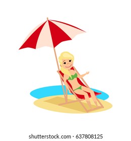 Girl sunbathing on a lounger on the beach. The cartoon style. Vector illustration.