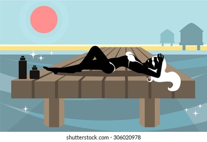 Girl sunbathing on the pier. Vector.