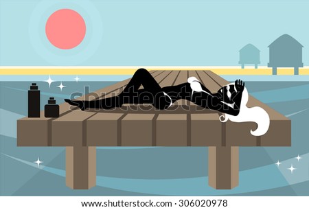 Girl sunbathing on the pier. Vector.