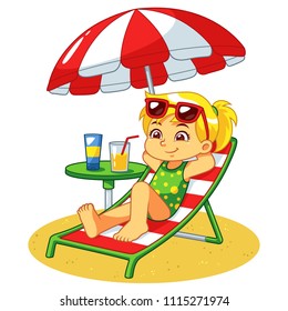 Girl Sunbathing And Relaxing On The Beach.