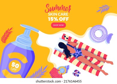 Girl Sonnenbaden mit Sonnencreme und Lesebuch. Konzept der Sonnenschutz- und Gesichtspflege im Sommer. Frau auf flüssigem Sonnencreme-Hintergrund. Vektorgrafik für Poster, Banner-Design