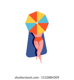 Girl sunbathing under sunshade parasol, beautiful woman relaxing at the beach vector Illustration on a white background