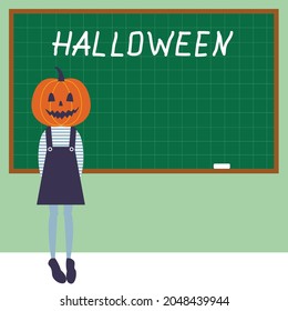 A girl in a sundress with a pumpkin on her head stands at the blackboard with the inscription Halloween in the classroom and a space for copying. Holiday concept