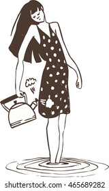 girl in a sundress in water with tea in hand. vector illustration