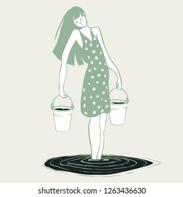 girl in a sundress in the water with two buckets in their hands. vector illustration