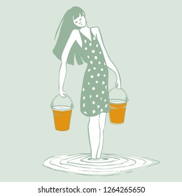 girl in a sundress in the water with two buckets in their hands. vector illustration