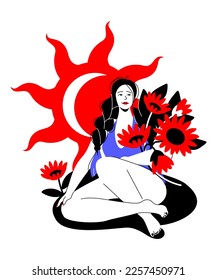 Girl with sunflowers - colorful flat design style illustration with linear elements. Red and blue composition with young woman, bright sun and beautiful flowers as a symbol of fertility and summer