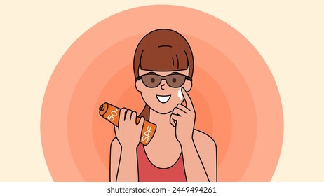 A girl in sunglasses applies sunscreen to her face. Lotion for safe tanning. Portrait of a happy woman against the backdrop of the dangerous sun. Isolated vector illustration in flat style