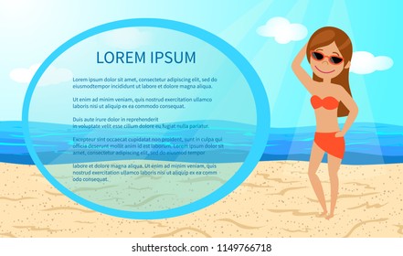 Girl in sunglasses and bikini standing on the beach. Frame. The cartoon style. Vector illustration.