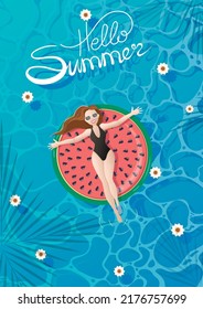 Girl in sunglasses in a black one-piece swimsuit floats on a watermelon mattress in a pool and shadows from palm trees. Poster A4 with abstract background of waves and the inscription Hello summer