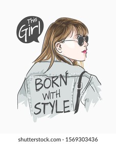 girl in sunglasses and born with style denim jacket illustration