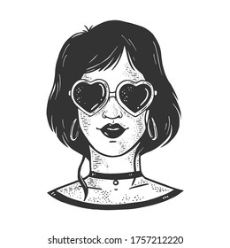 girl in sunglasses in form of heart sketch engraving vector illustration. T-shirt apparel print design. Scratch board imitation. Black and white hand drawn image.