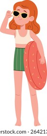 A girl in sunglasses holds a donut-shaped float, drawn in a playful cartoon style. She stands confidently with a relaxed pose and cheerful expression. Cartoon vector illustration.