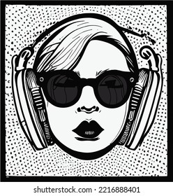 Girl with sunglasses listening to music on the headphones, retro party, fliyer, poster, vector art for music cover, music vector, cool graphic