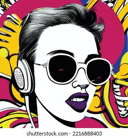 Girl with sunglasses listening to music on the headphones, retro party, fliyer, poster, vector art for music cover, music vector, cool graphic