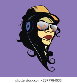 Girl in sunglasses listening to music on headphones, vector art for retro party, flyer, poster, music cover, music vector, cool graphic, summer girl