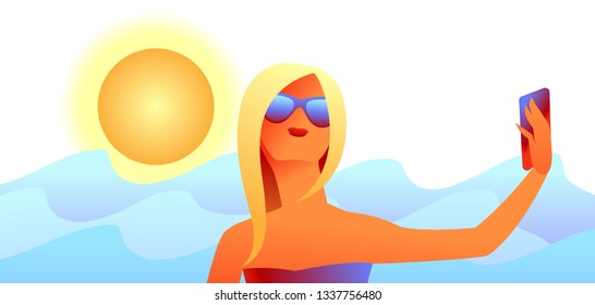 Girl in sunglasses makes selfie. Beautiful tanned blond woman on beach.