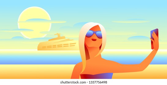 Girl in sunglasses makes selfie. Beautiful tanned blond woman on beach.