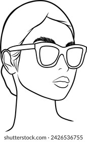 girl with sunglasses outline portrait on transparent background. Coloring page