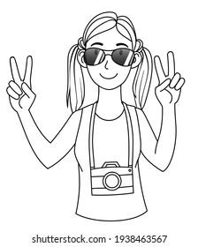 Girl in sunglasses with a photo camera. Vector illustration isolated on white background. Summer element for greeting cards, posters, stickers, seasonal design, coloring book