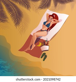 Girl in sunglasses sunbathes on a blanket by the sea. Vector illustration for landing page mockup or flat design advertising banner.