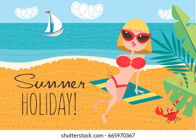 Girl in sunglasses sunbathing on the beach. Vector illustration in flat style.