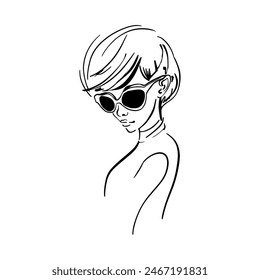 The girl in sunglasses. Woman in glasses sketch. Female figure printable wall art, coffee art, Woman illustration,Abstract poster, silhouette girl doodle. 