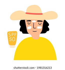 Girl with sunscreen on her face and sunscreen bottle SPF 50. Vector illustration on white background.