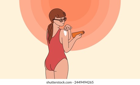 A girl with sunscreen on vacation against the backdrop of the scorching sun. A woman applies suntan cream to her body, Safe sunbathing. Vector illustration isolated on yellow background in flat style