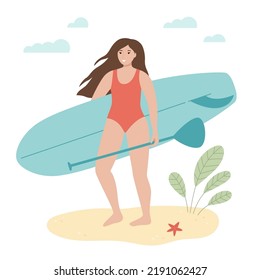 Girl with SUP board. Cartoon flat female character in swimsuit. Surfer woman holding paddle board. Beach vacation. Summer outdoor activity. Vector illustration.