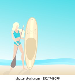 Girl with sup board and paddle on the beach