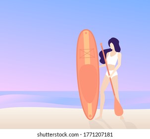 Girl with sup board and paddle on the beach, vector