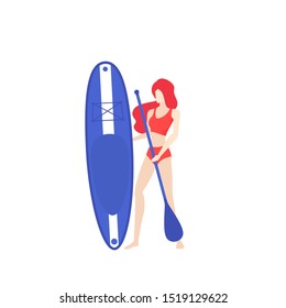 Girl with sup board and paddle, vector