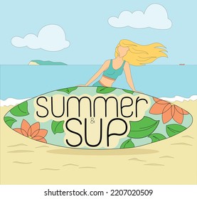 A girl with a sup board is standing on the seashore. Good for print on dress, bag, card  and more