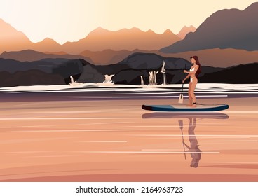 Girl sup surfer on lake in a mountain. Stand up paddle boarding concept. Sup board vector illustration.